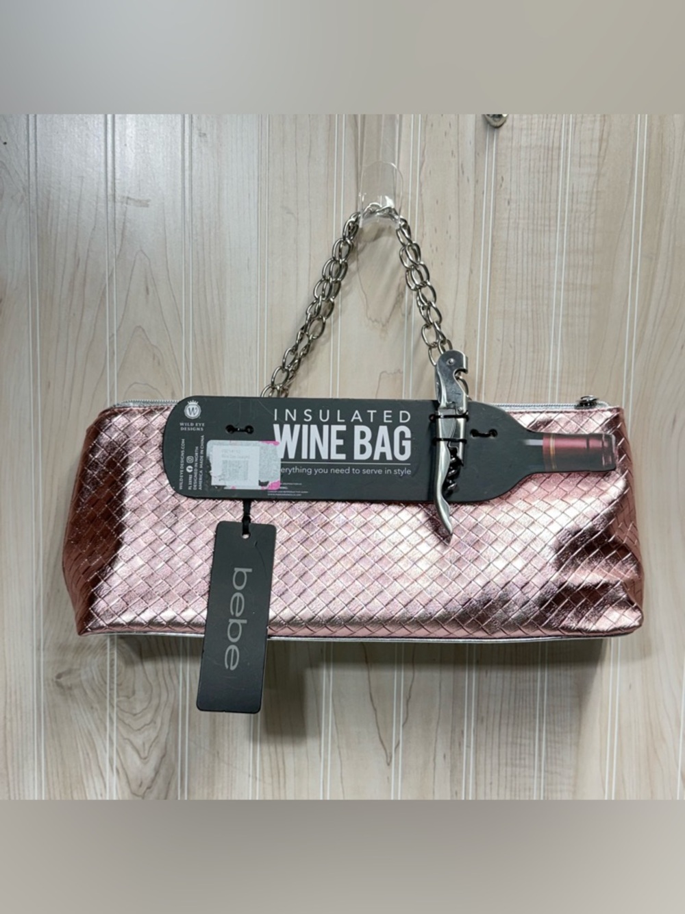 bebe Metallic Rose Gold Insulated Wine Bag with Chain Handle